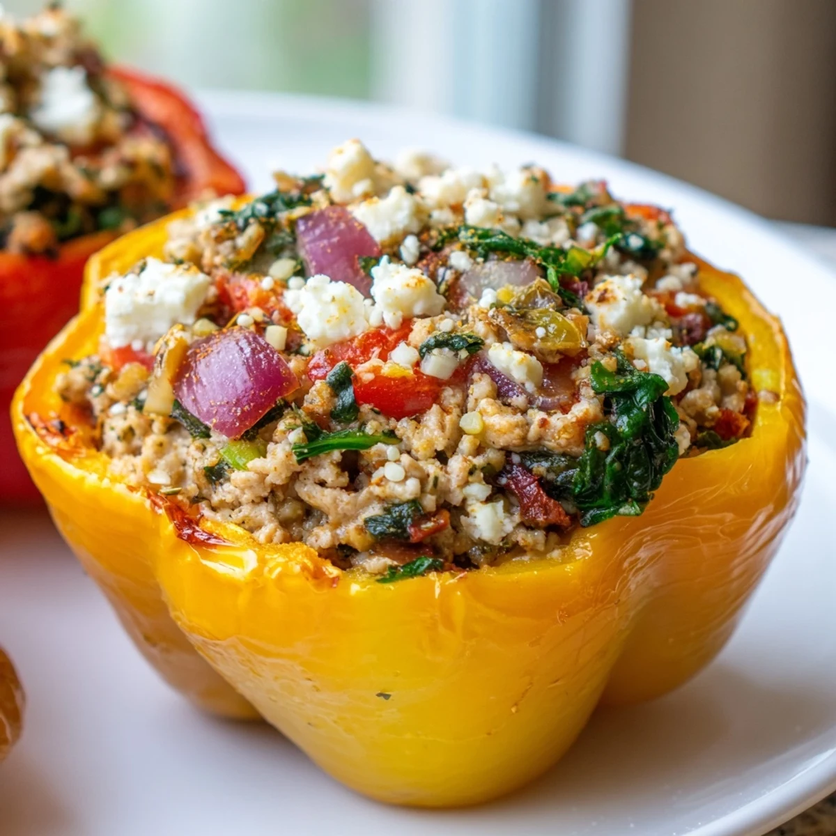 Colorful bell peppers overflowing with seasoned ground chicken feta mixture and aromatic Greek spices