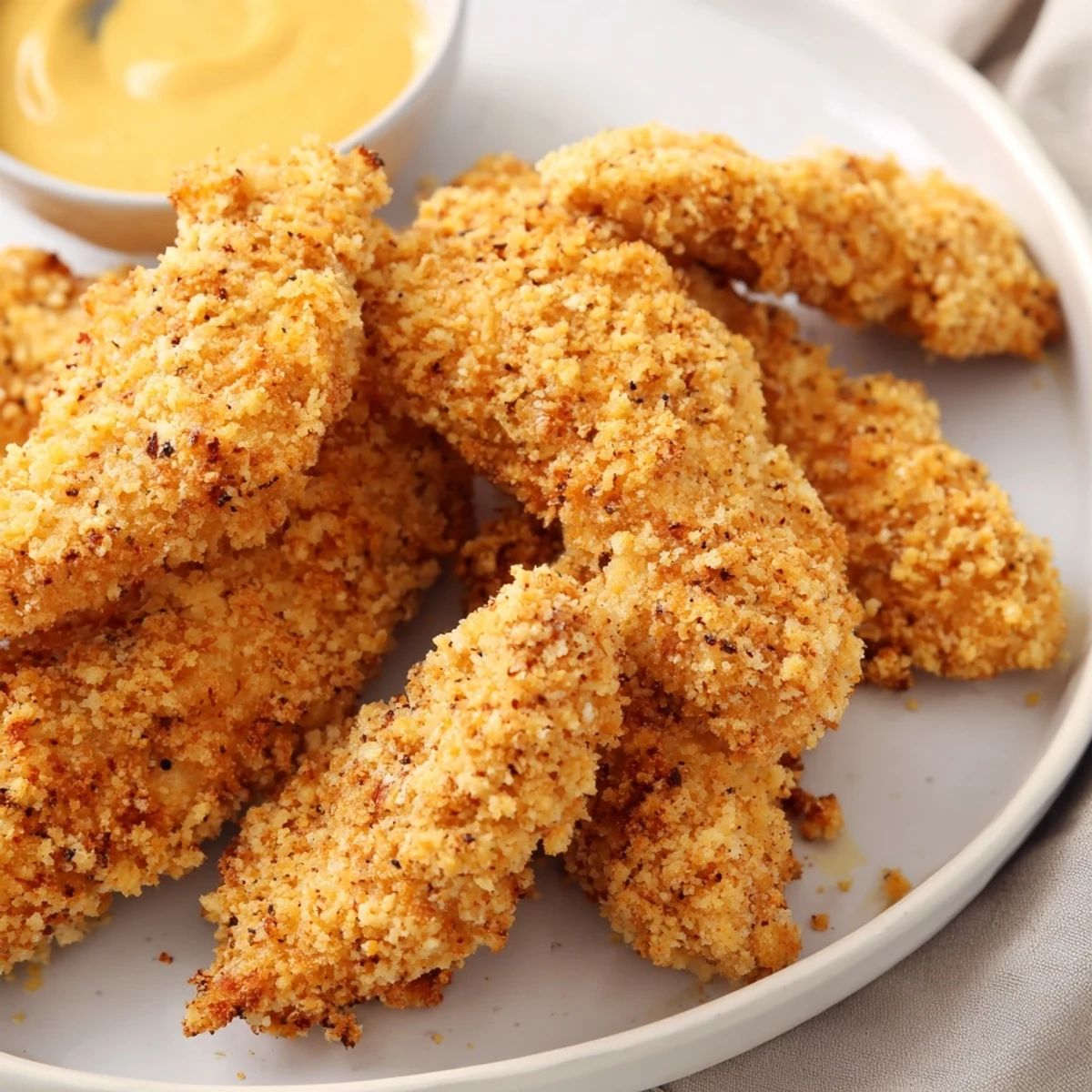 Golden crispy air fryer chicken tenders arranged on a white serving plate with fresh herbs