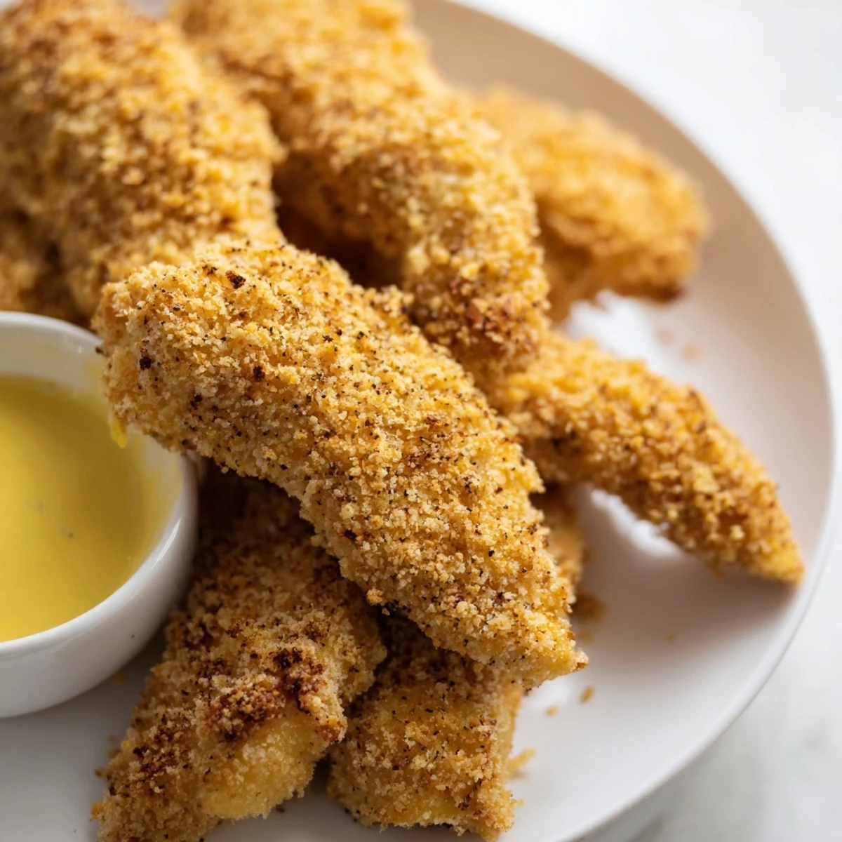 Perfectly cooked air fryer chicken tenders displaying crunchy golden coating with tender juicy meat inside