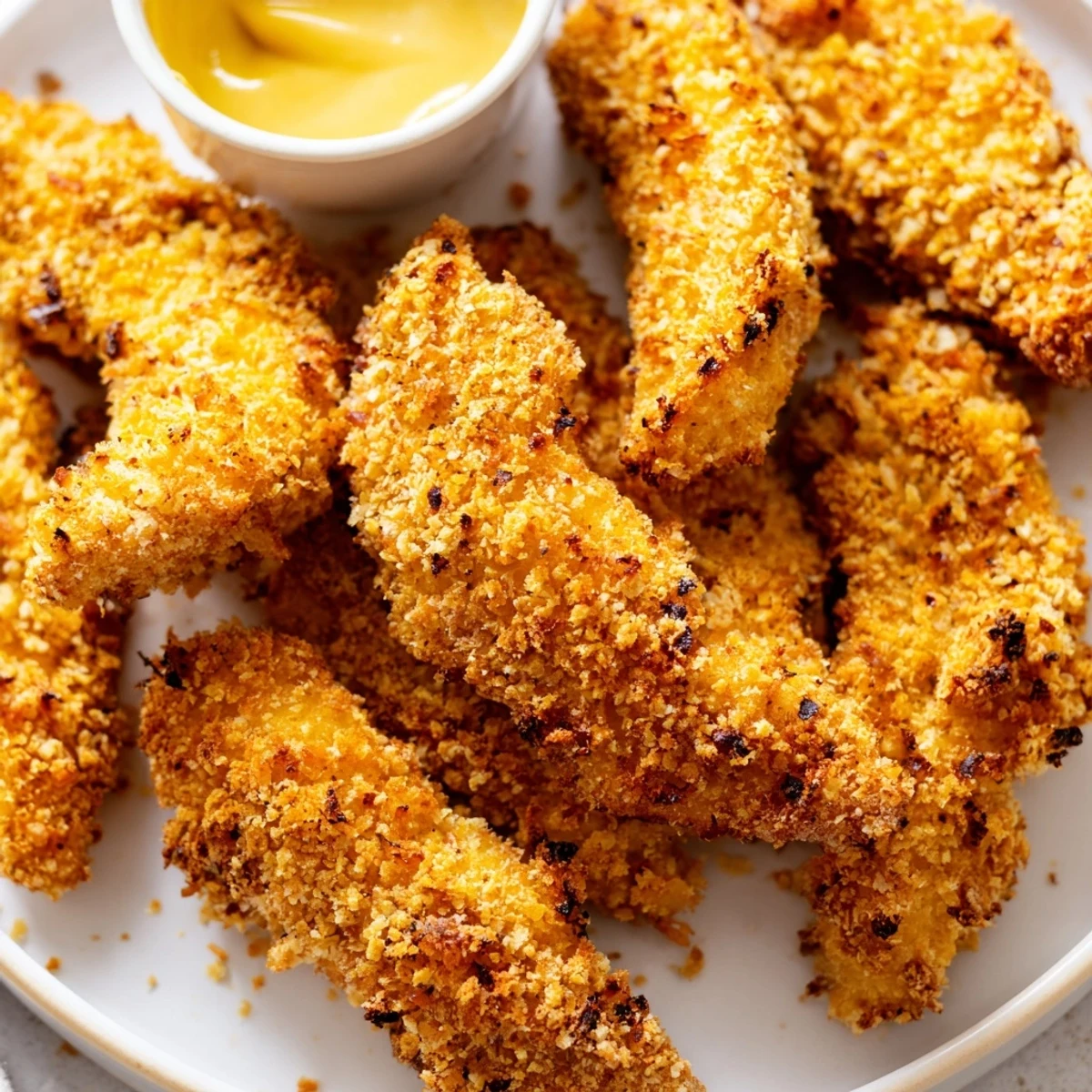 Homemade air fryer chicken tenders served with dipping sauce alongside crispy vegetable garnish