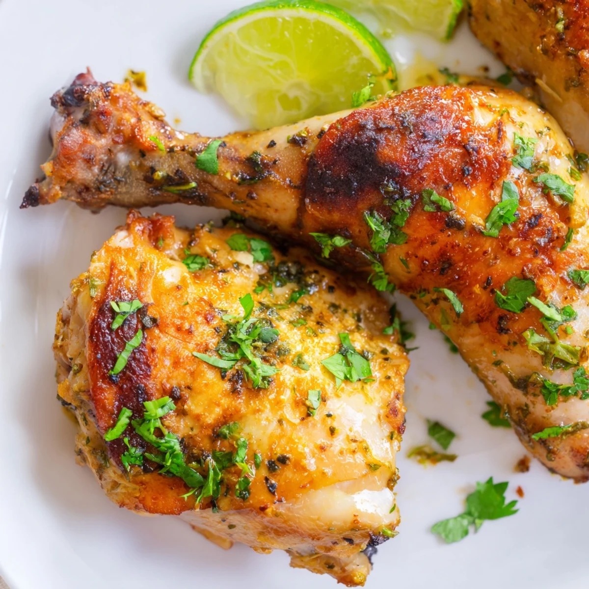 Golden Ina Garten Indonesian Chicken with crispy roasted skin garnished with fresh cilantro and lime wedges on a white serving platter