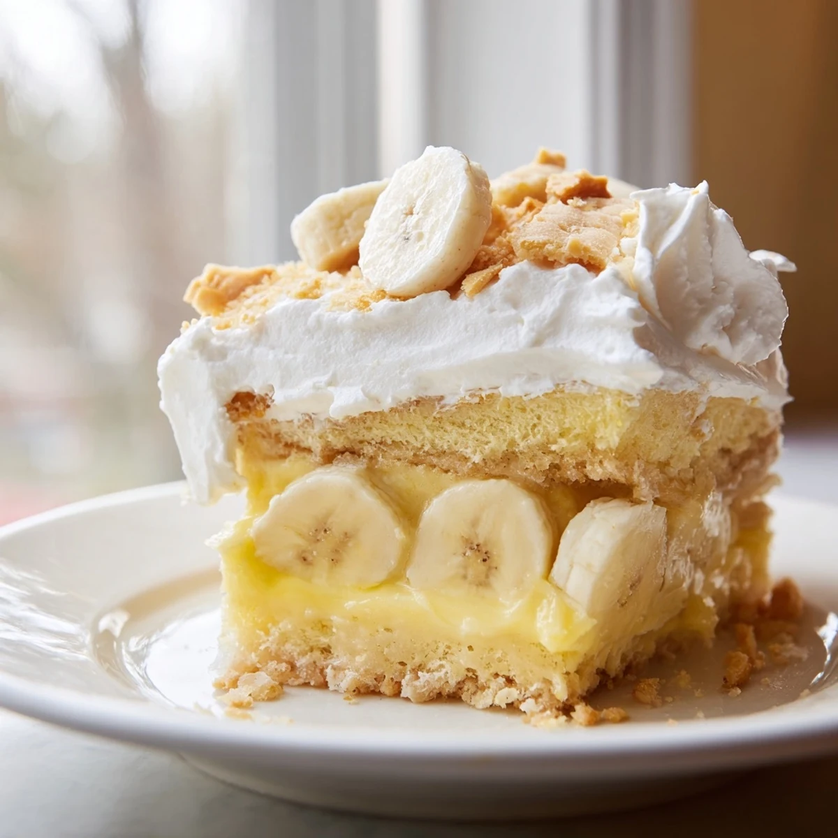 Golden slice of banana pudding cake revealing creamy layers and fresh banana slices between moist vanilla cake