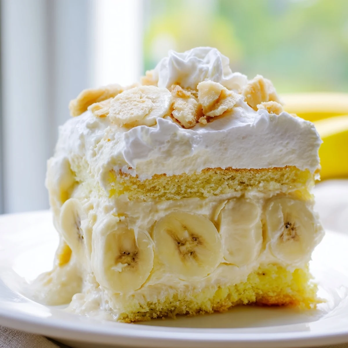 Southern-style banana pudding cake stacked with whipped vanilla pudding filling and topped with crushed vanilla wafers