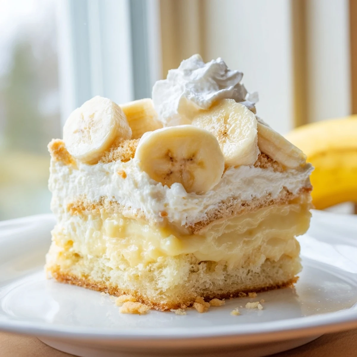 Decadent banana pudding cake dessert with luscious pudding layers and fresh bananas on a white serving plate