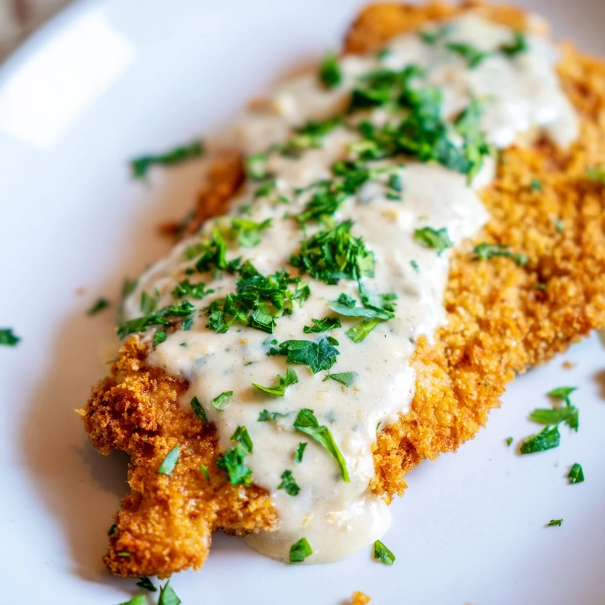 Golden brown pan-fried chicken breasts topped with rich velvety garlic Parmesan cream sauce