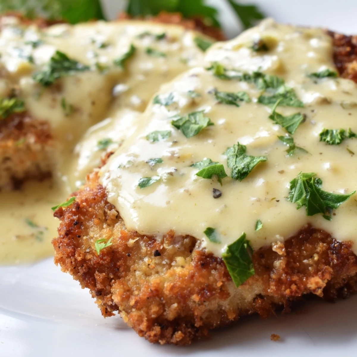 Perfectly fried crispy chicken drizzled with luxurious creamy garlic sauce on a white dinner plate