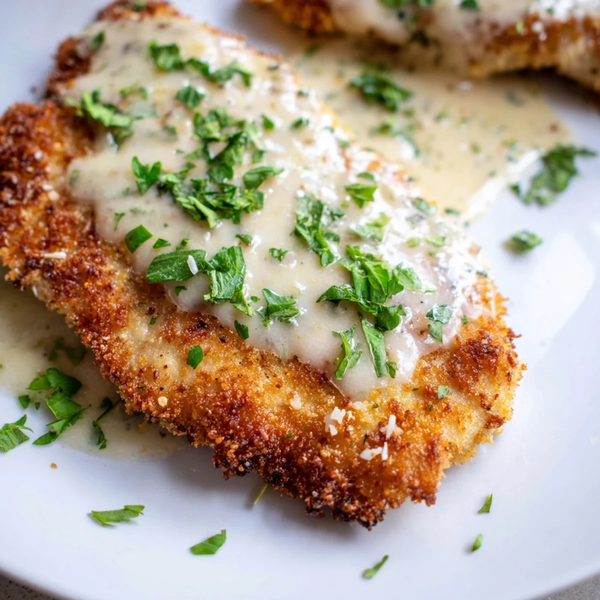 Crispy breaded chicken cutlets smothered in a smooth white cream sauce with parsley garnish