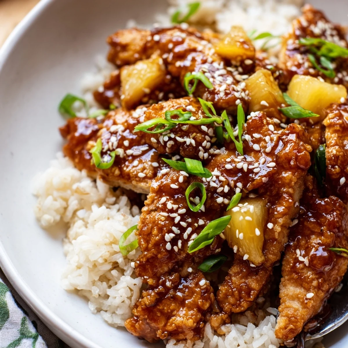 Hawaiian Chicken With Coconut Rice plated with glossy pineapple glaze and scallions.