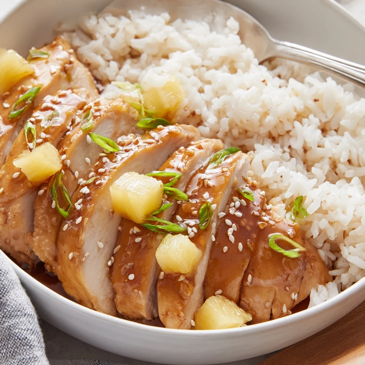 Skillet-seared Hawaiian Chicken With Coconut Rice, fragrant jasmine rice and toasted sesame.