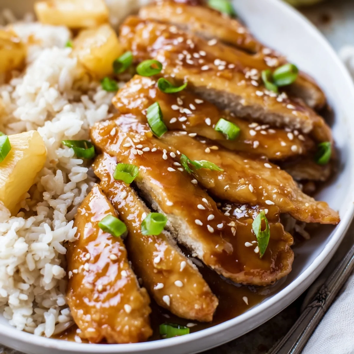 Hawaiian Chicken With Coconut Rice garnished with green onions and fresh pineapple.