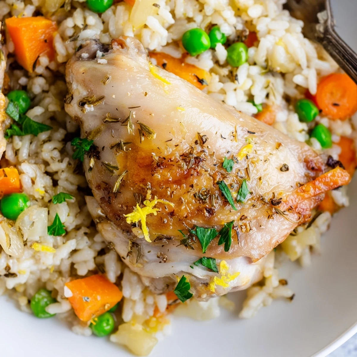 Slow Cooker Lemon Herb Chicken And Rice steaming in rustic bowl, lemony aroma