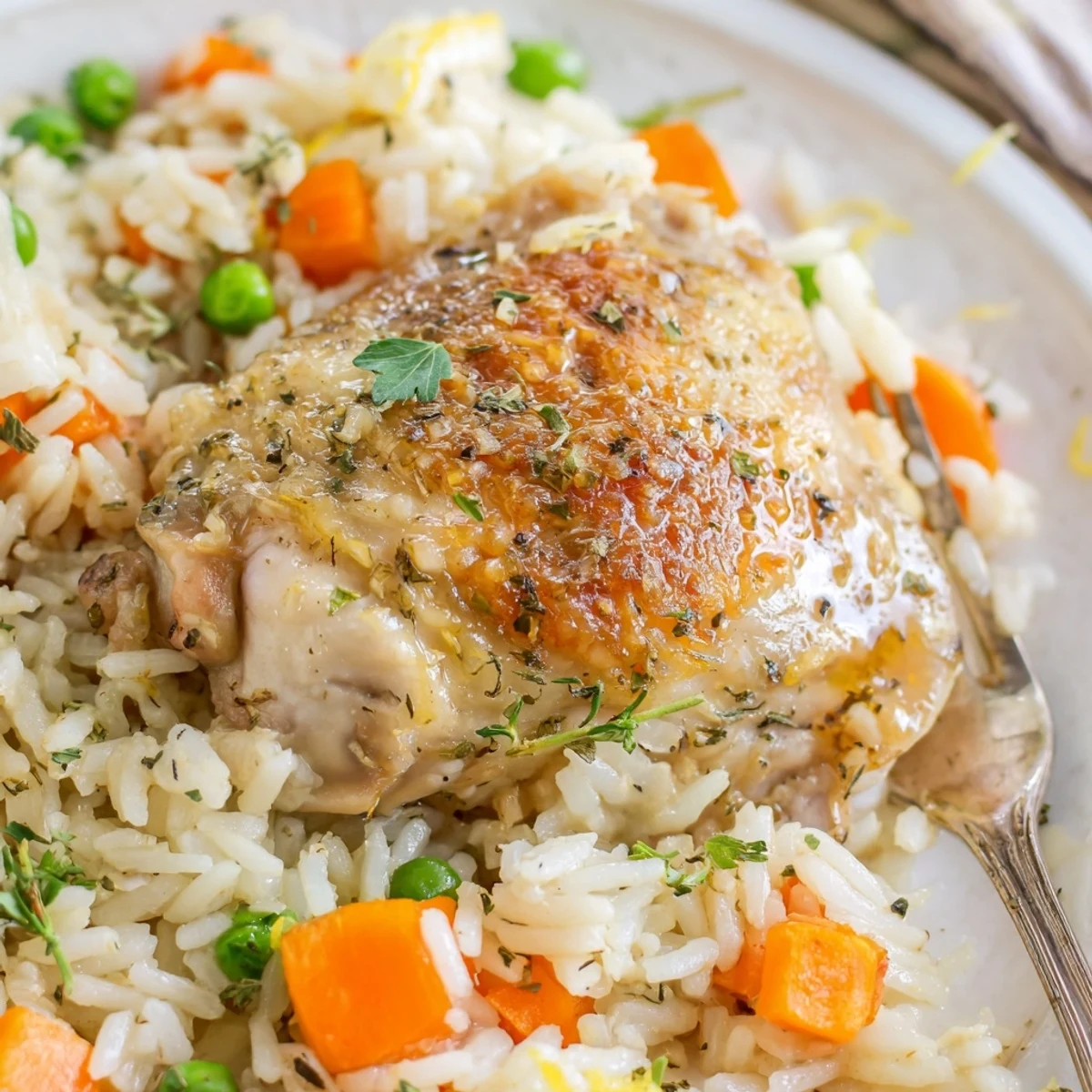 Hearty Slow Cooker Lemon Herb Chicken And Rice with fluffy rice, parsley
