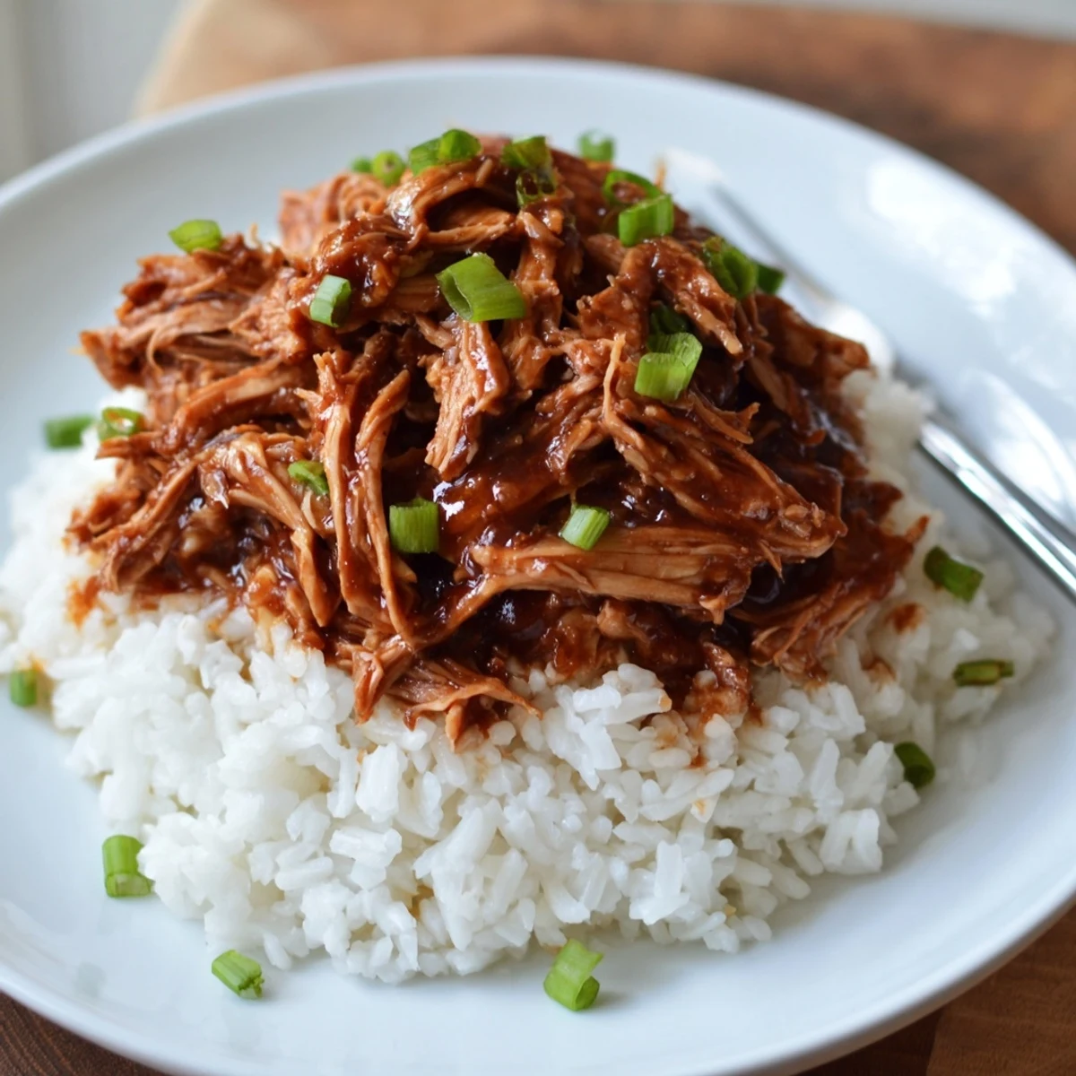 Shredded Crockpot Honey Garlic Chicken piled on rice, garnished with green onions
