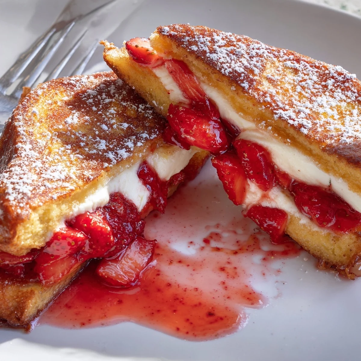 Cream Cheese Stuffed French Toast With Strawberry Drizzle, golden slices drizzled with strawberry syrup.