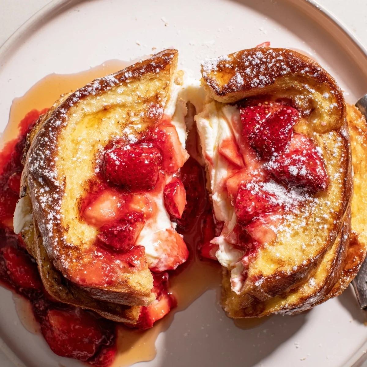 Cream Cheese Stuffed French Toast With Strawberry Drizzle cut open to show creamy filling.