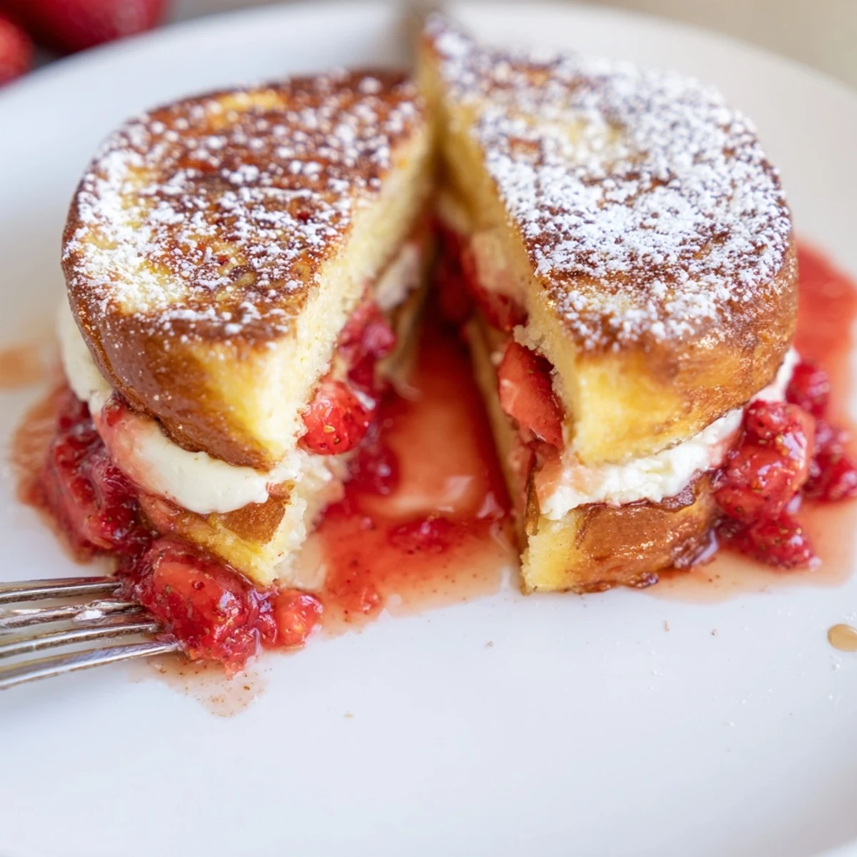 Cream Cheese Stuffed French Toast With Strawberry Drizzle served hot, crisp edges, buttery aroma.