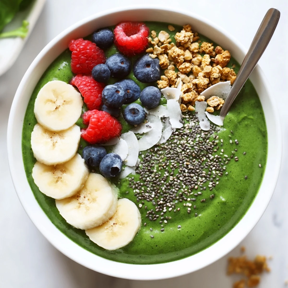 Green Smoothie Bowl with Spirulina, Banana & Hemp Seeds topped with fresh mixed berries