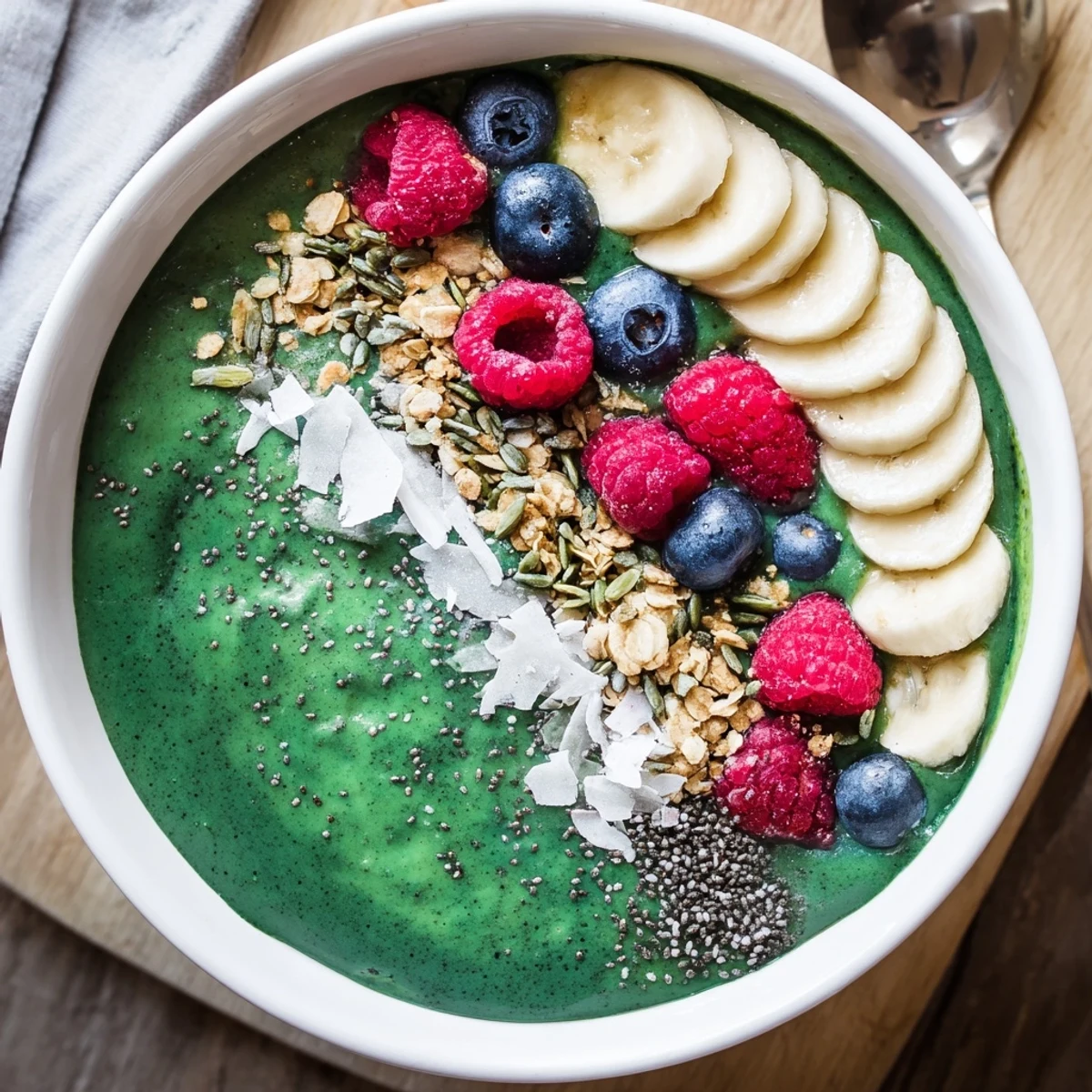Creamy Green Smoothie Bowl with Spirulina, Banana & Hemp Seeds served chilled