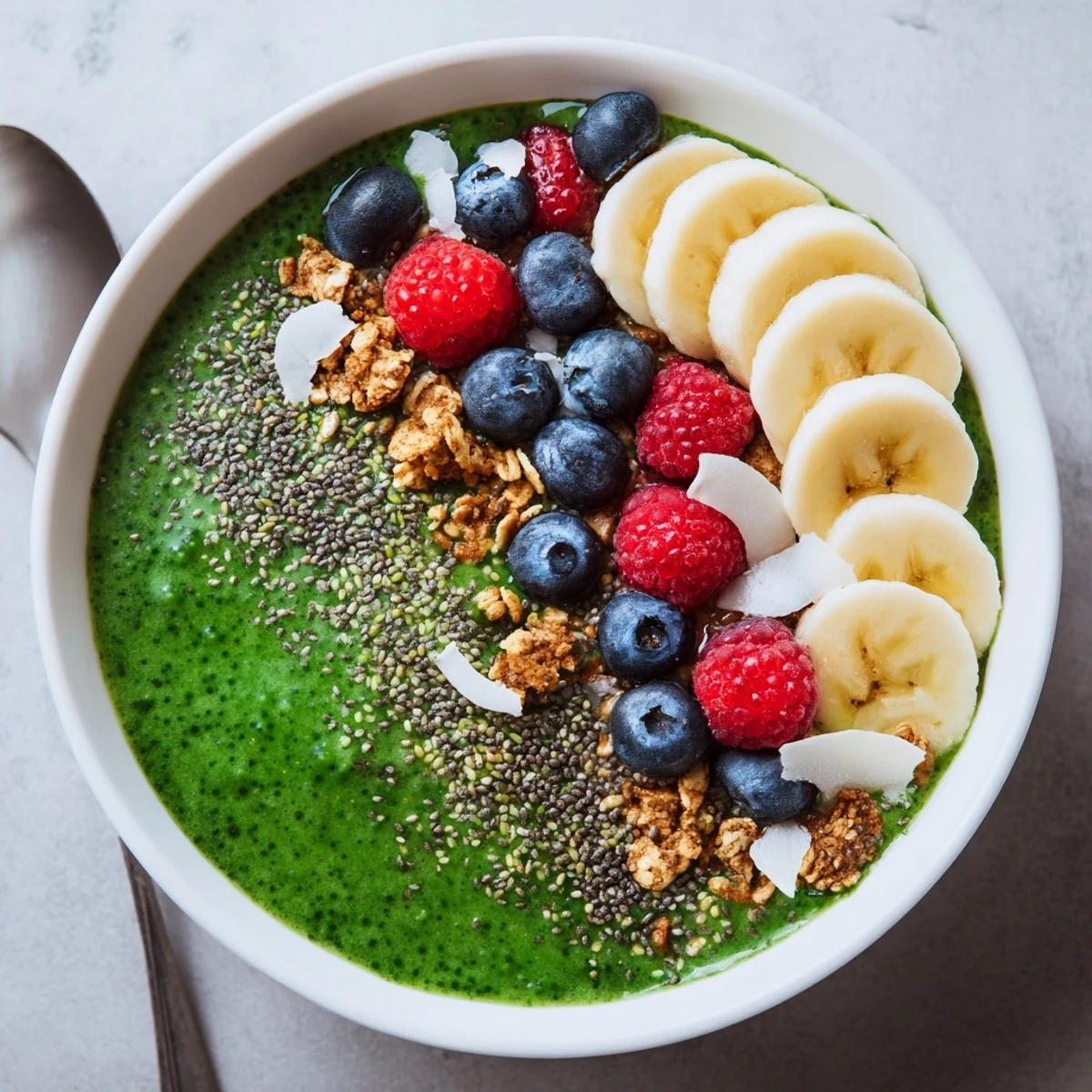 Morning-ready Green Smoothie Bowl with Spirulina, Banana & Hemp Seeds, crunchy granola