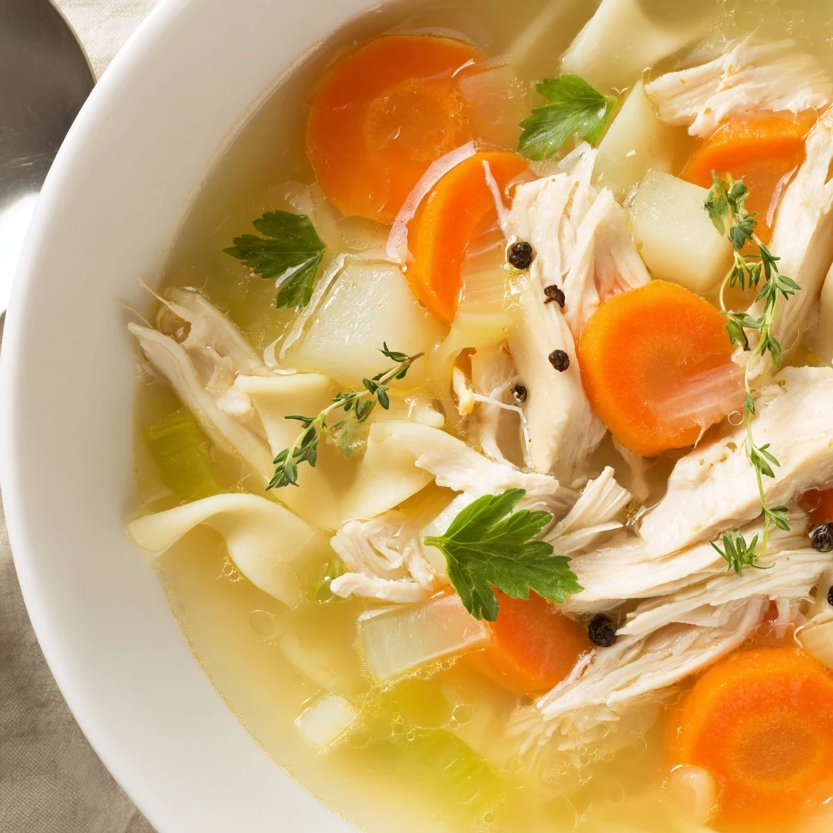 Steaming Chicken Soup with shredded chicken, carrots, celery, and fresh parsley