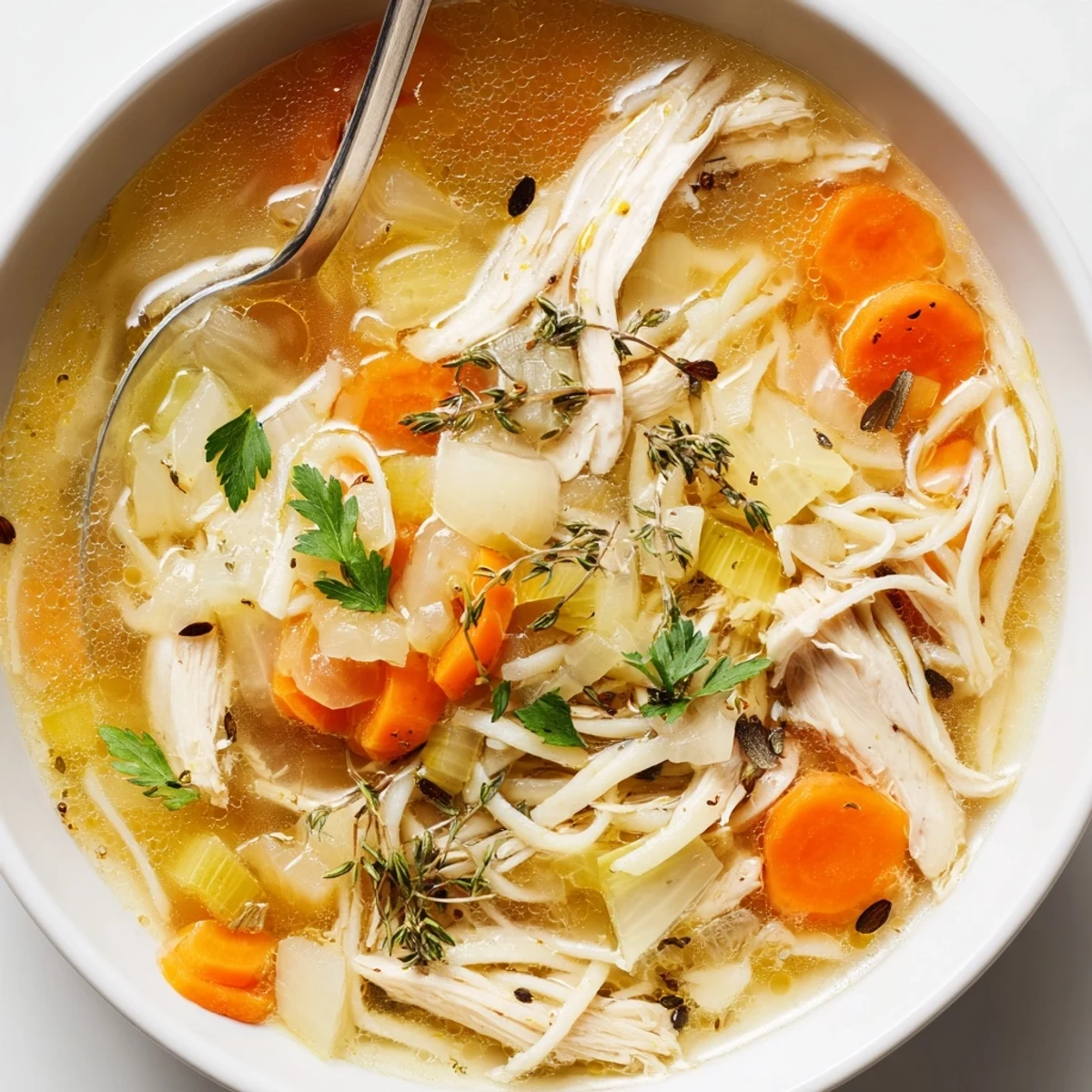 Hearty Chicken Soup ladled into bowls, fragrant broth and tender vegetables