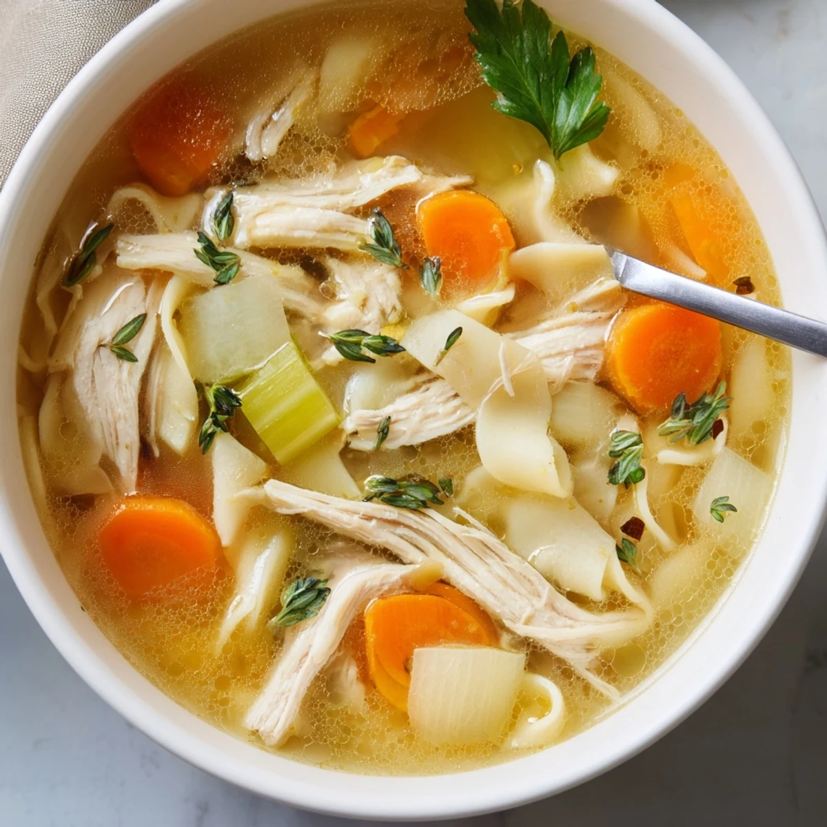 Homemade Chicken Soup steaming, golden broth studded with noodles, served with bread