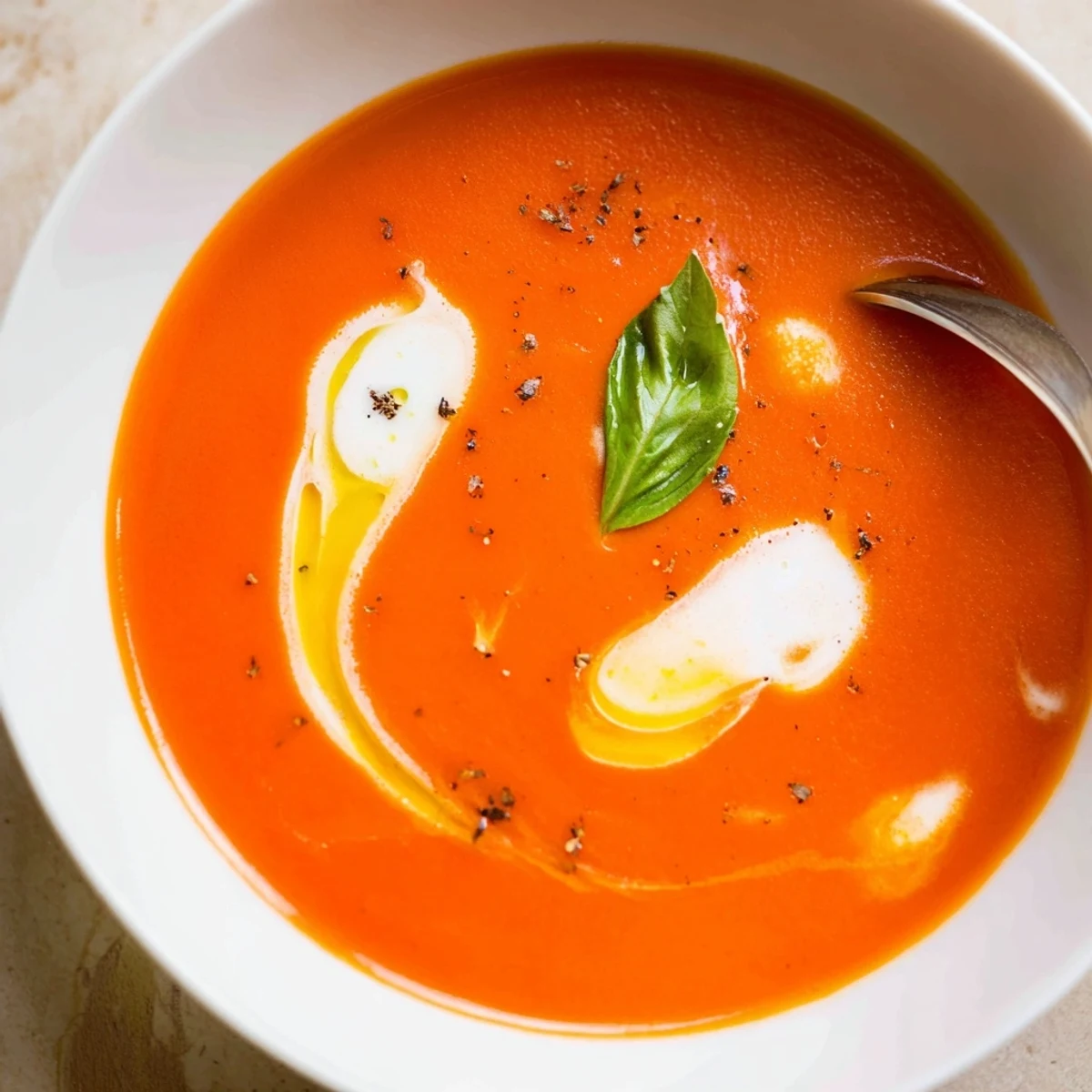 Tomato Soup steaming in a bowl, silky texture, fresh basil garnish.