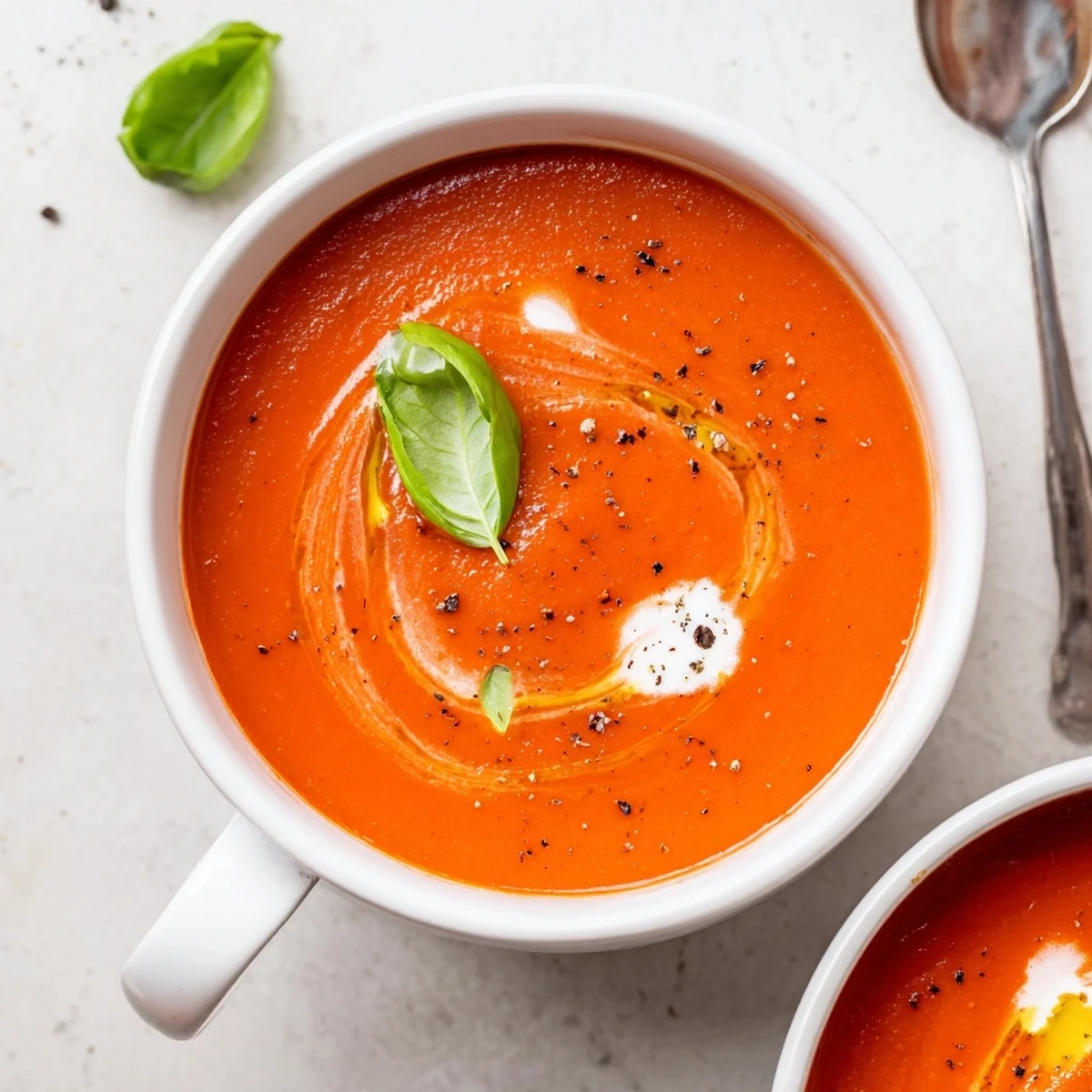 Creamy Tomato Soup ladled into mug, warm, tangy aroma.