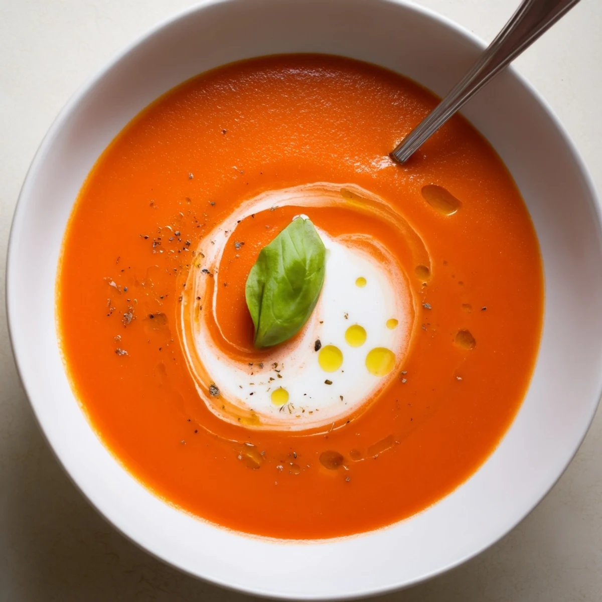 Roasted Tomato Soup with swirls of cream, crusty bread beside.