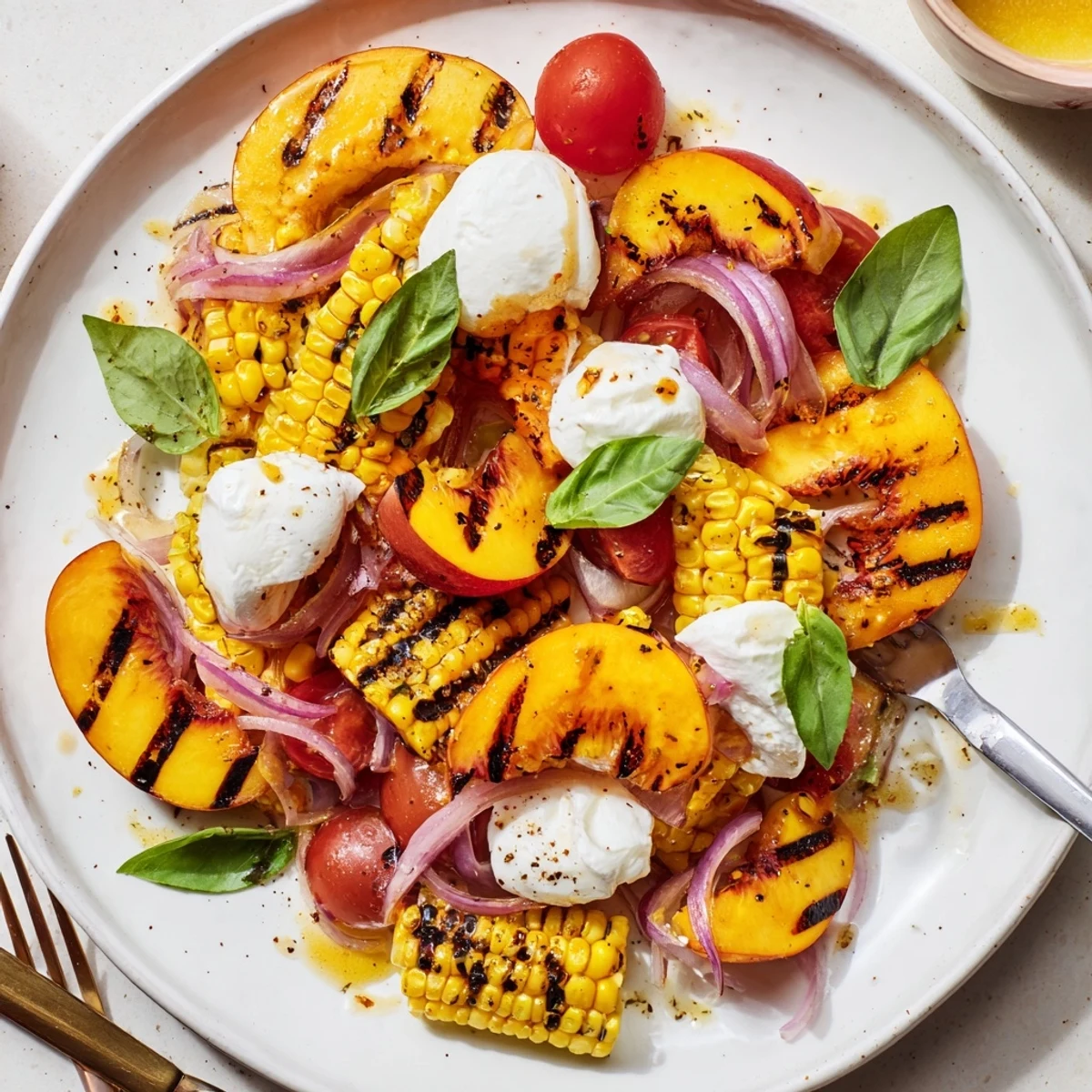 Grilled Peach Corn Salad with Creamy Cheese on plate, charred peaches glistening  