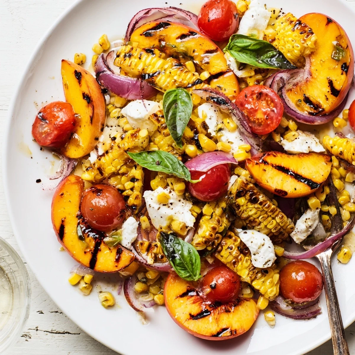 Grilled Peach Corn Salad with Creamy Cheese tossed with basil, honey-balsamic drizzle  
