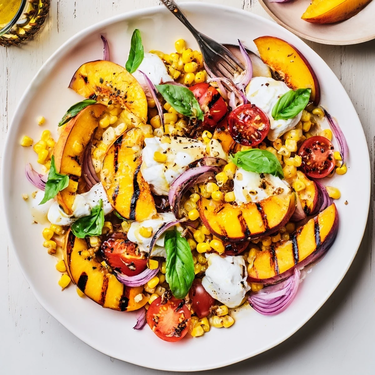 Grilled Peach Corn Salad with Creamy Cheese served picnic-style with chilled white wine