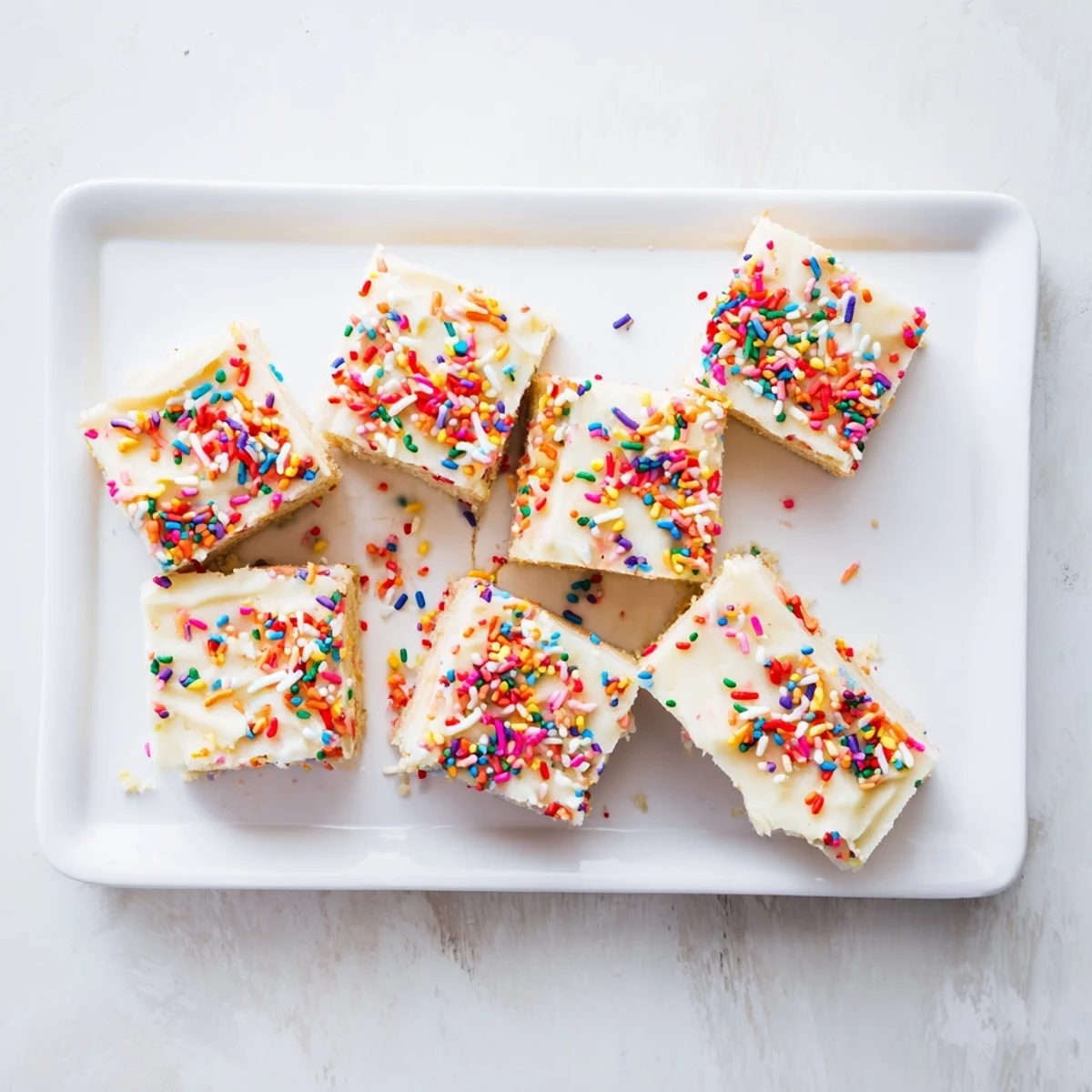 Soft buttery sugar cookie bars topped with creamy pink frosting and rainbow sprinkles