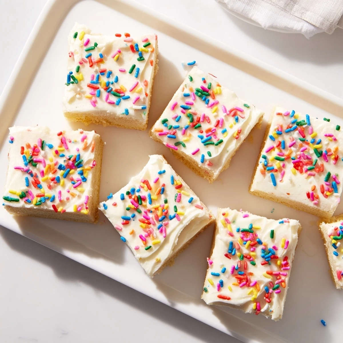 Golden frosted sugar cookie bars with colorful sprinkles on a white serving plate