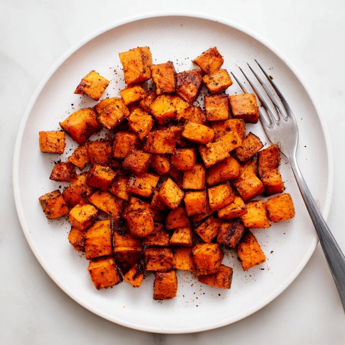 Golden air fryer sweet potato cubes with crispy edges and tender centers arranged on a white serving plate