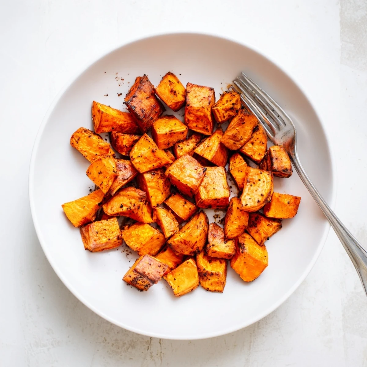 Perfectly cooked air fryer sweet potato cubes piled high showing golden brown crust and soft orange interior