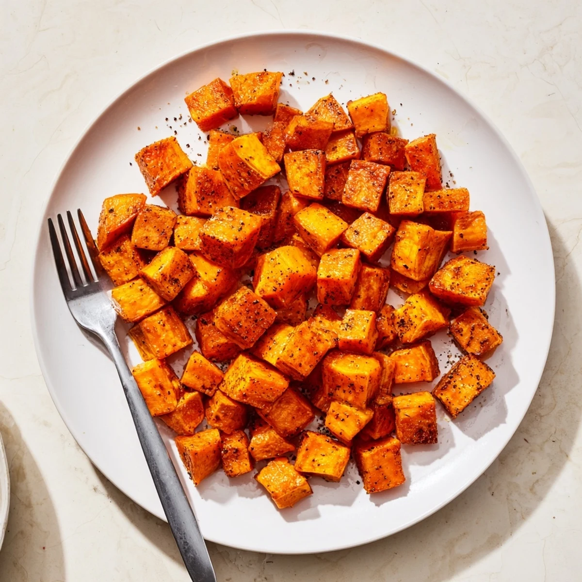 Bowl of seasoned sweet potato cubes coated with spices ready for air frying alongside olive oil and paprika