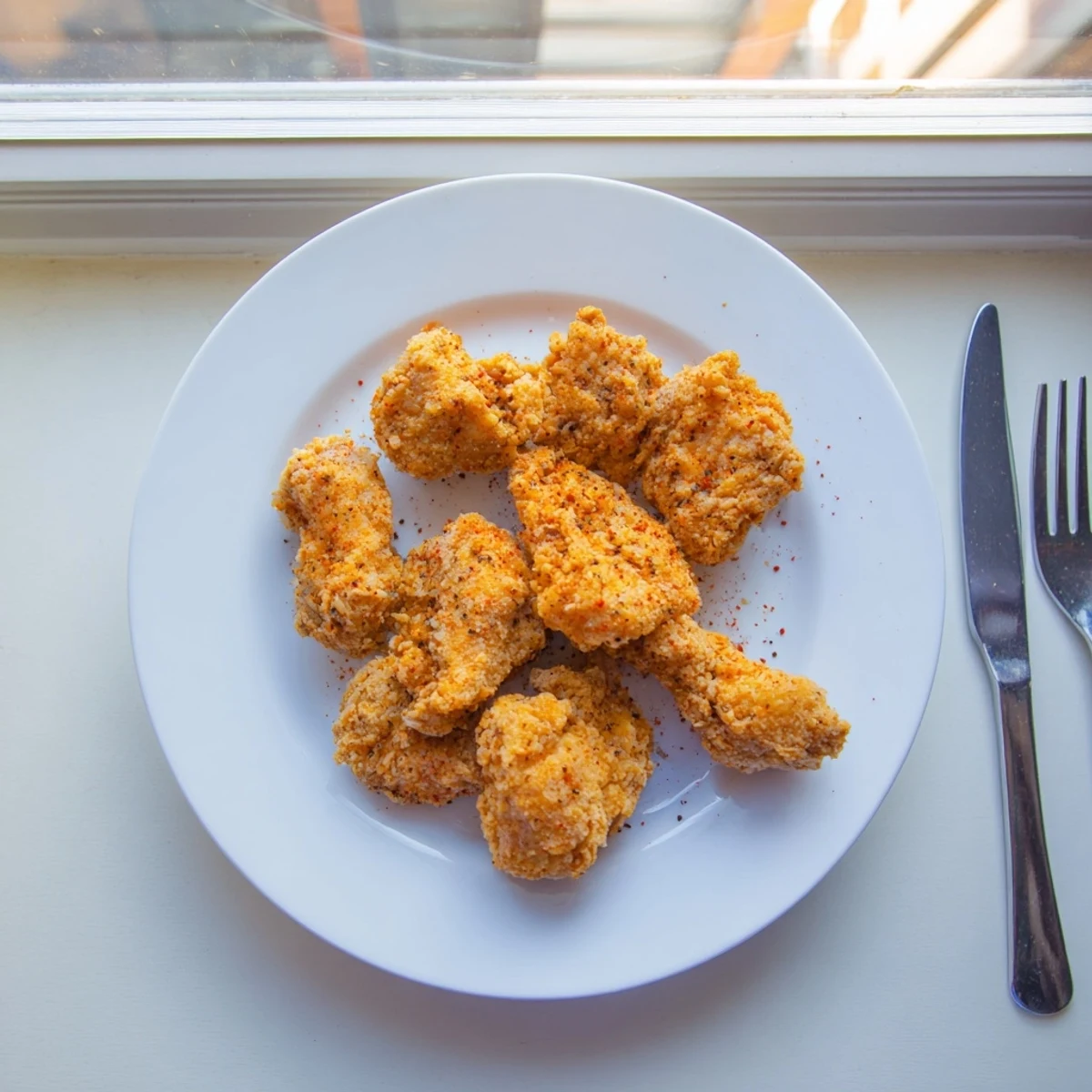 Juicy fried chicken breast sliced open to show tender meat inside crunchy breading