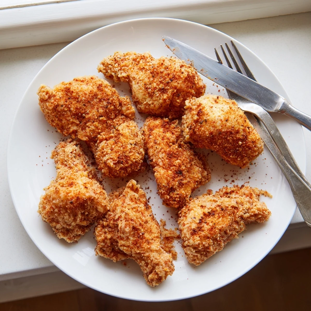 Golden brown fried chicken breast with crispy coating resting on a wire rack