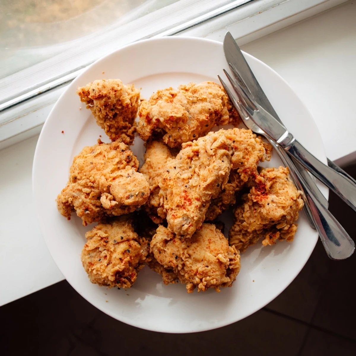 Homemade fried chicken breast plated with creamy mashed potatoes and fresh coleslaw
