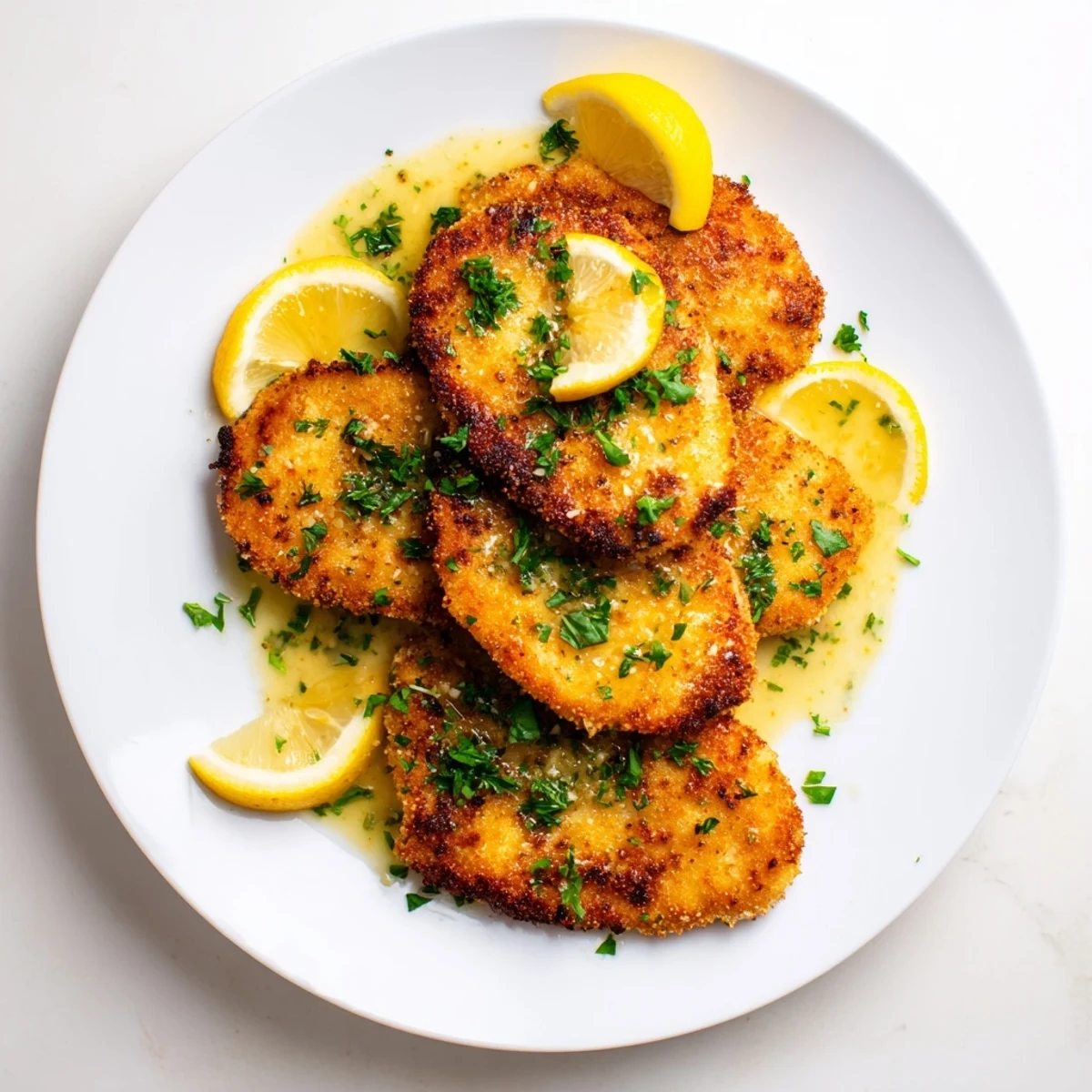 Pan-fried chicken cutlets coated in Romano cheese breadcrumbs finished with fresh lemon parsley sauce