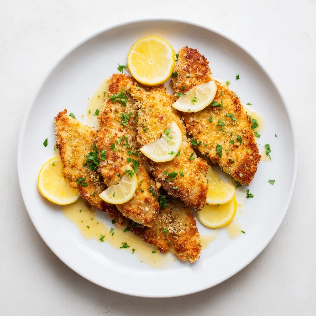 Golden Lemon Chicken Romano with crispy parmesan crust drizzled with bright lemon butter sauce
