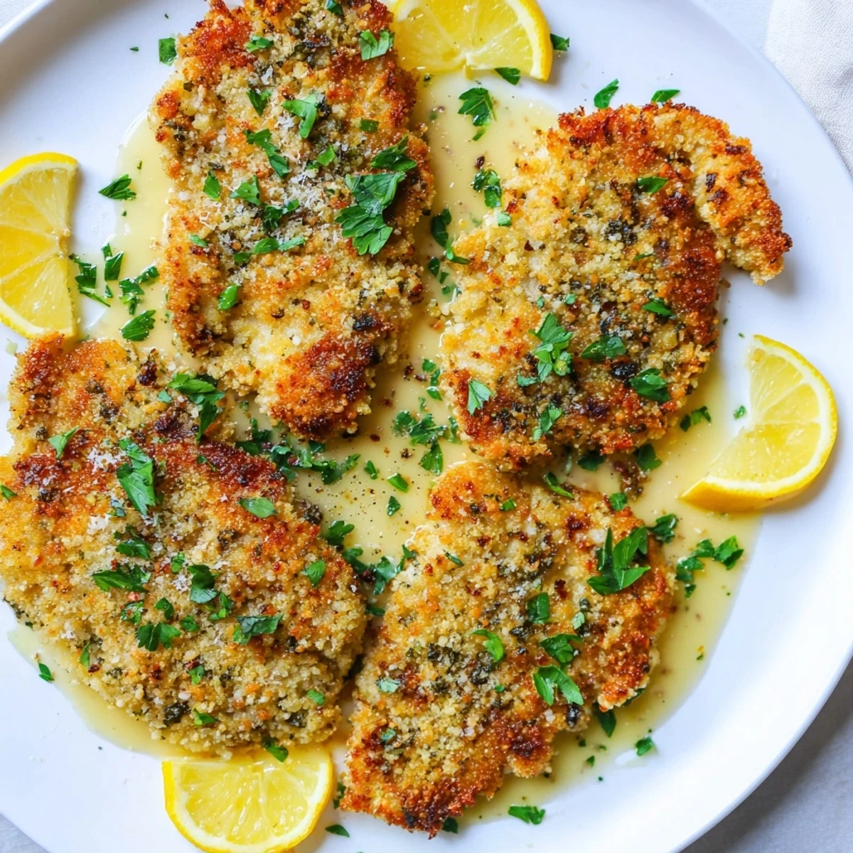 Crispy Italian-American Lemon Chicken Romano topped with zesty lemon slices and fragrant garlic sauce