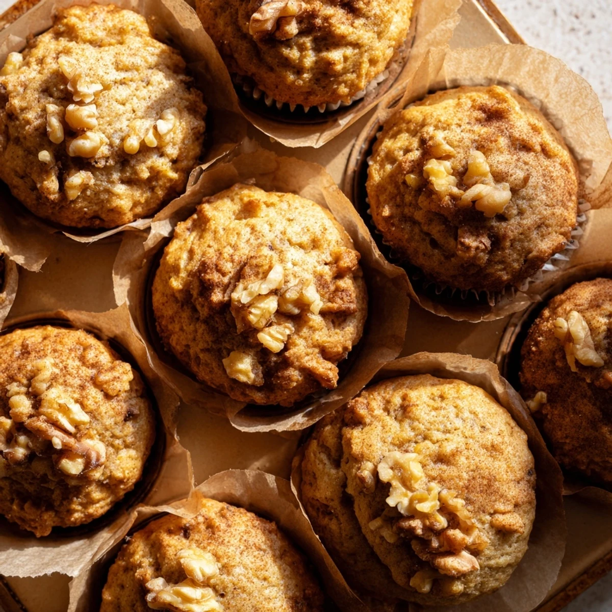 Moist banana squash muffins fresh from the oven with paper liners