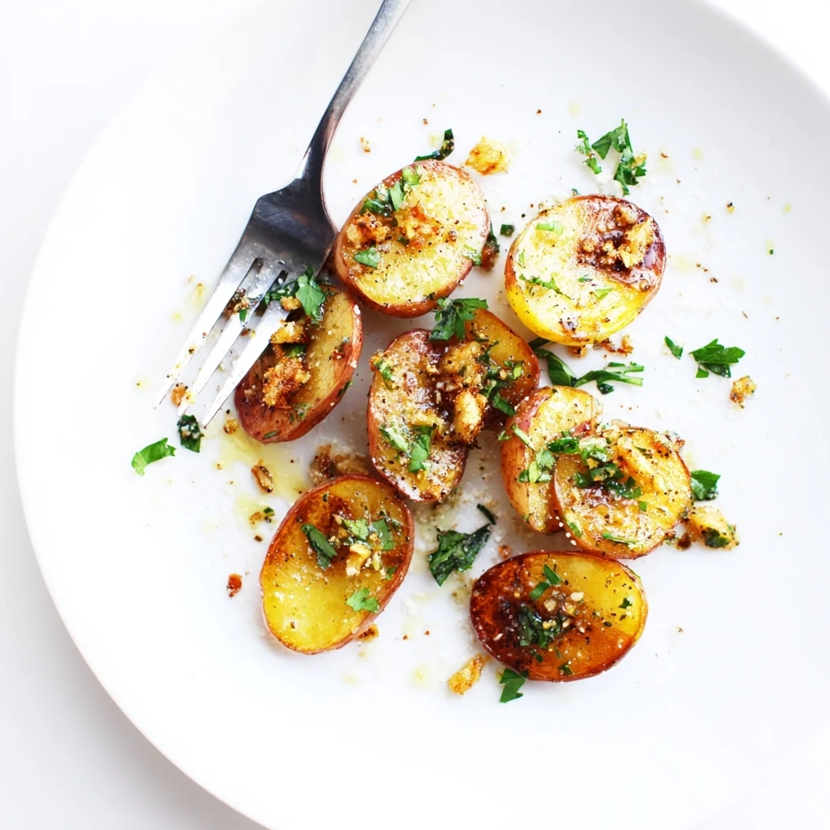 Golden brown garlic roasted radishes arranged on a white serving plate with fresh parsley garnish