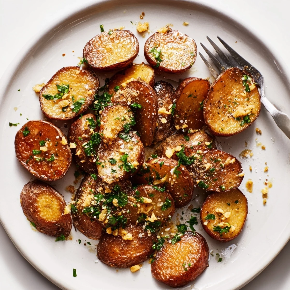 Close up of golden garlic roasted radishes sprinkled with Parmesan cheese and chopped fresh parsley
