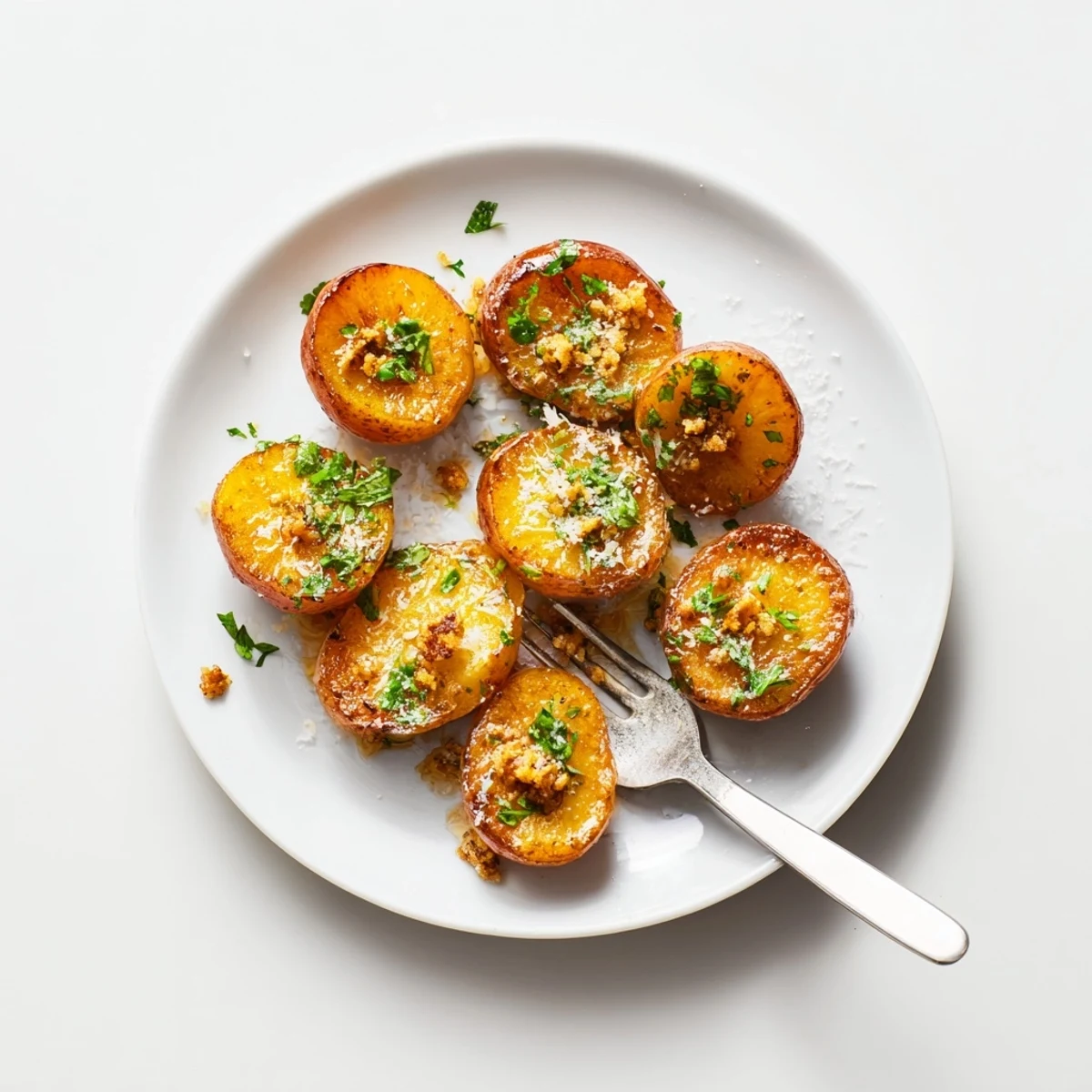 Tender caramelized roasted radishes with minced garlic and olive oil on a parchment-lined baking sheet
