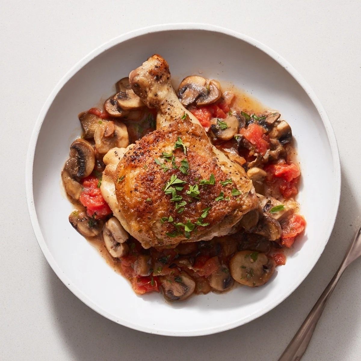 Braised Chicken Chasseur on plate with crusty bread, steam gently rising
