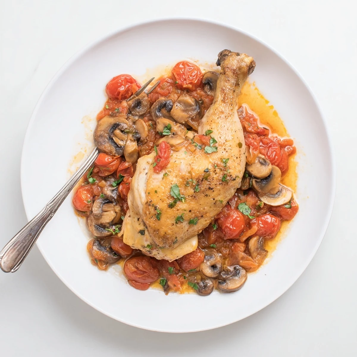 Chicken Chasseur simmering in rich tomato and mushroom sauce, tarragon garnish