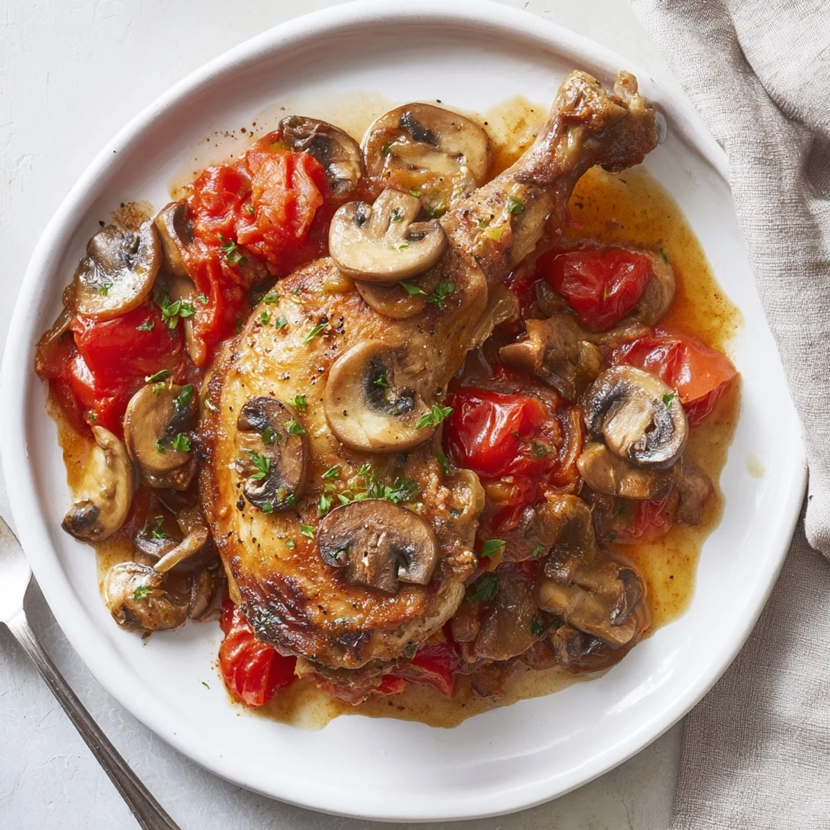 Rustic Chicken Chasseur ladled over buttered noodles, earthy mushrooms and fragrant tarragon